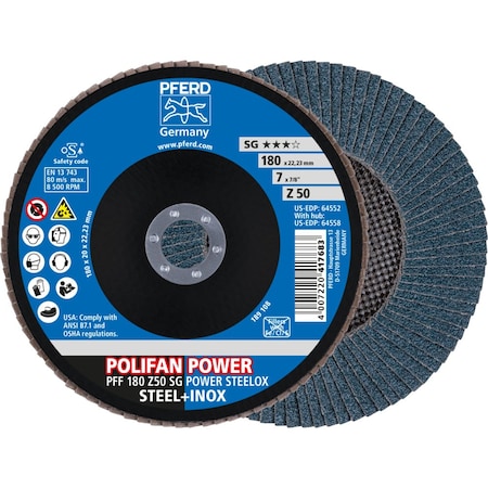 Pferd Flap Disc, 7''x7/8, Z SG POWER STEELOX, 50 Grit, T27, Flat, Zirconia 64552